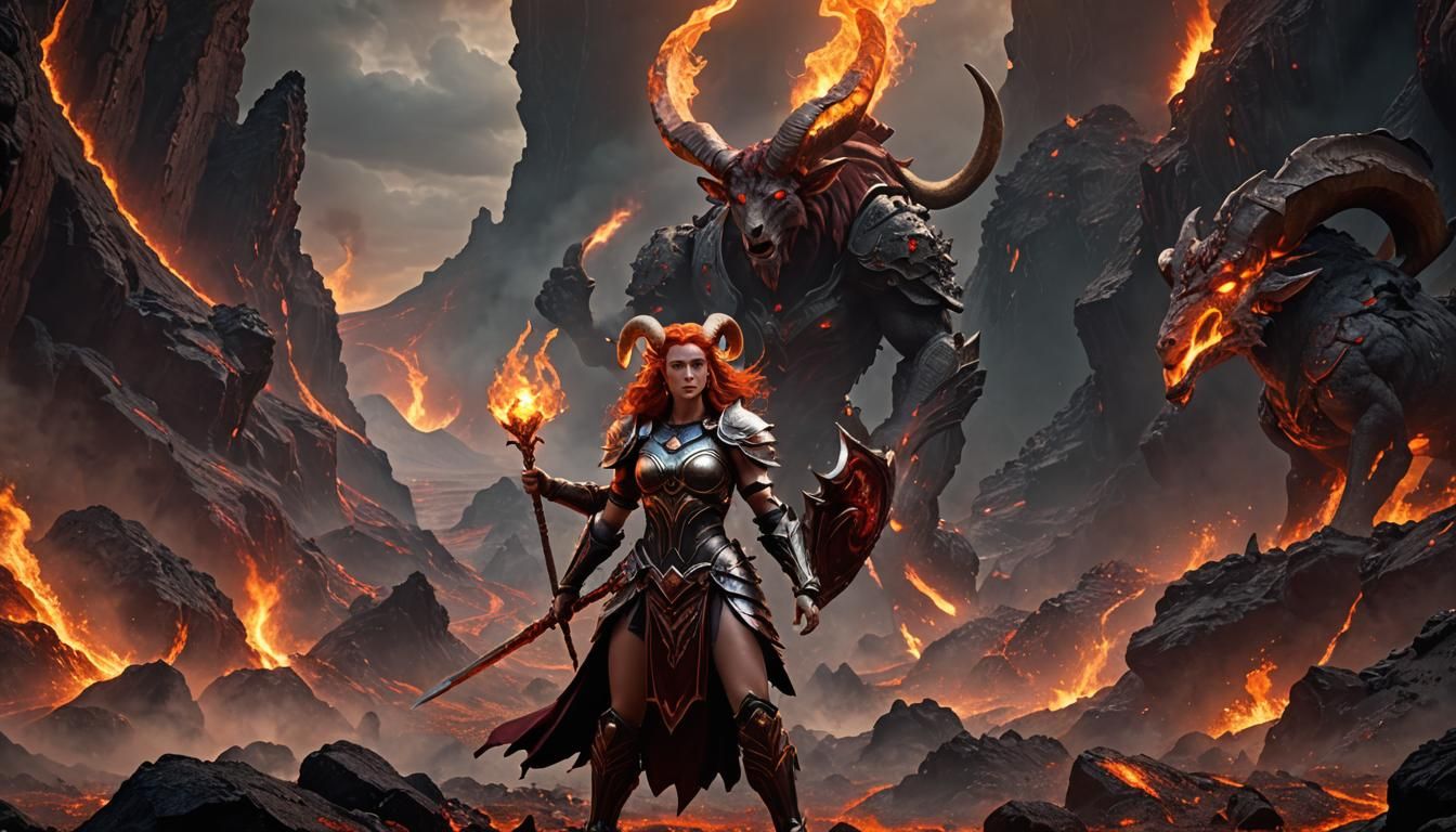 Aries Goddess Summons Fire in Volcanic Landscape