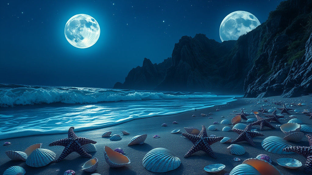 Mystical Beach Scene Under Full Moon in Fantasy Style
