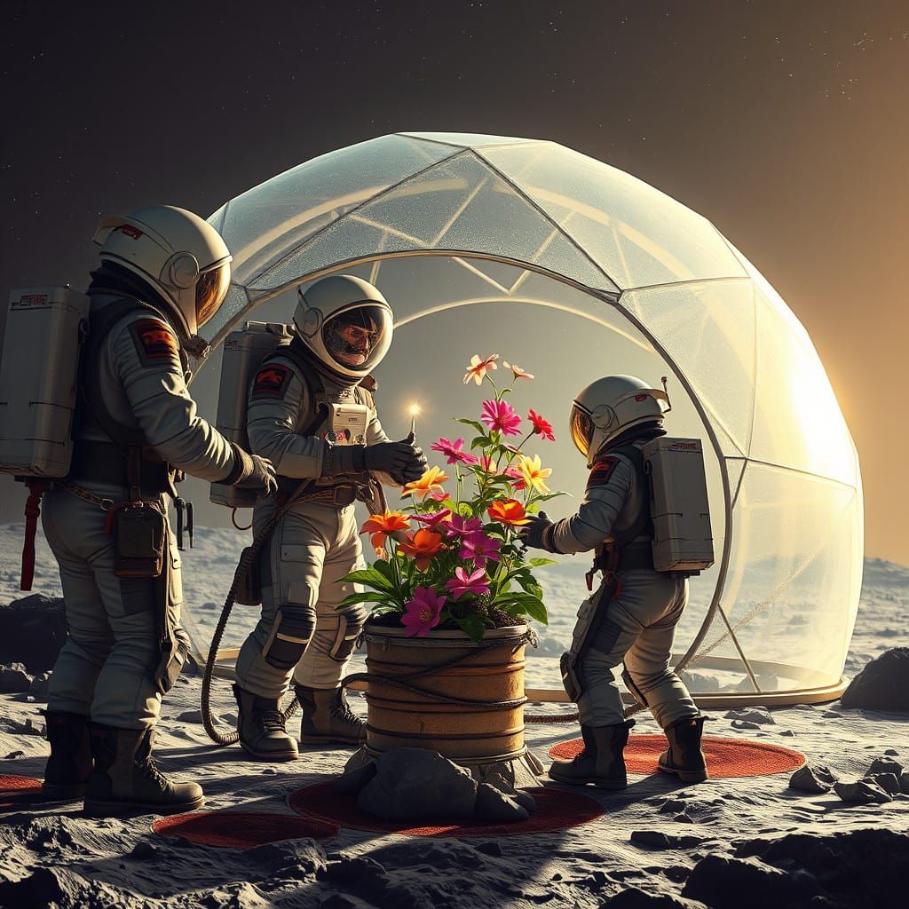 Astronauts Nurture Vibrant Flowers in Lunar Geodesic Dome