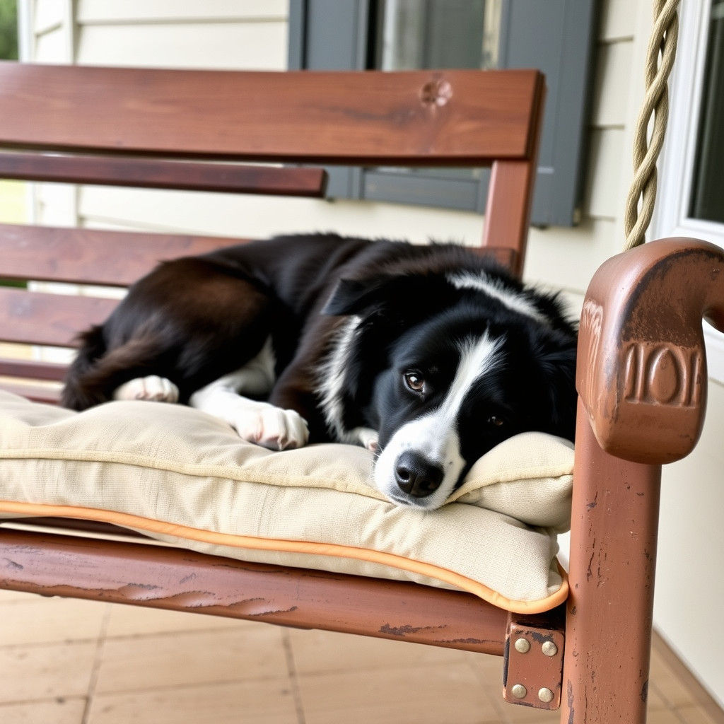 Border Collie Relaxing on Vintage Porch Swing