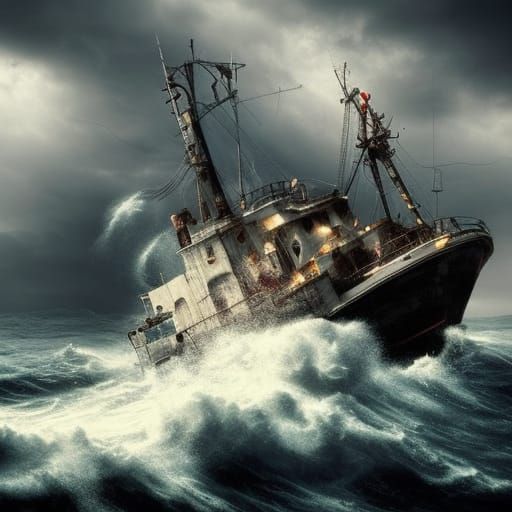 Fishermen on Trawler in Stormy Sea: Digital Matte Painting