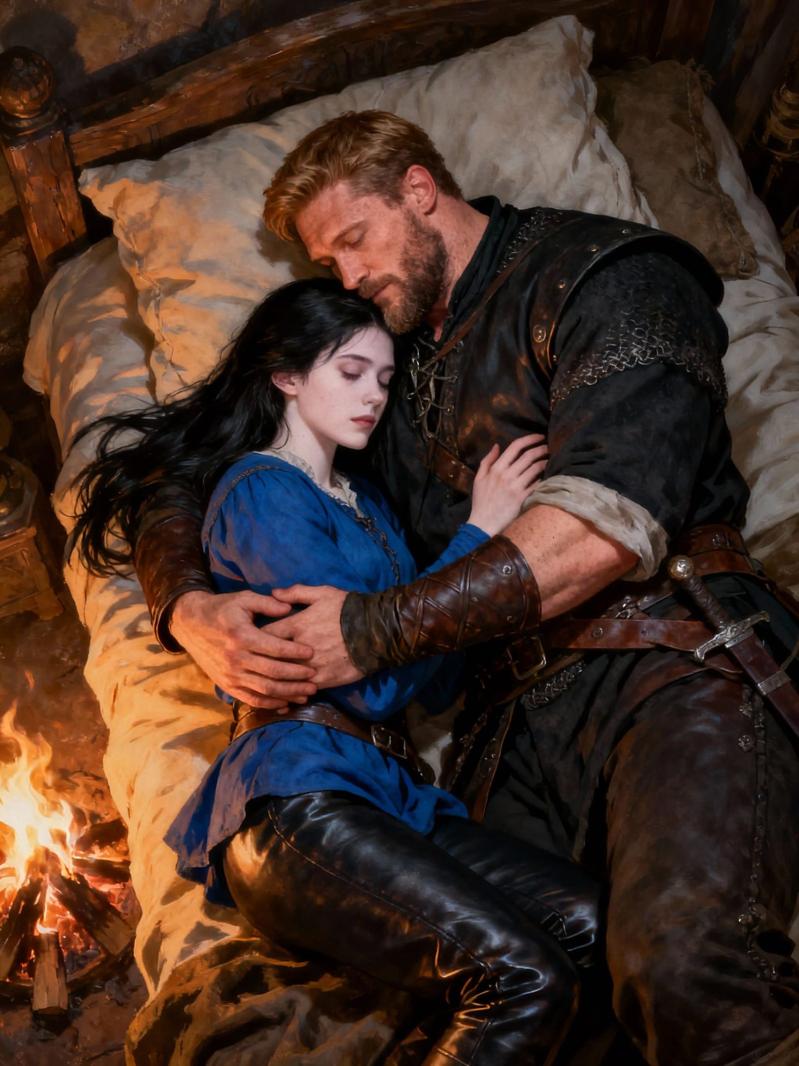 Couple Snuggling by Firelight in Realistic Painting