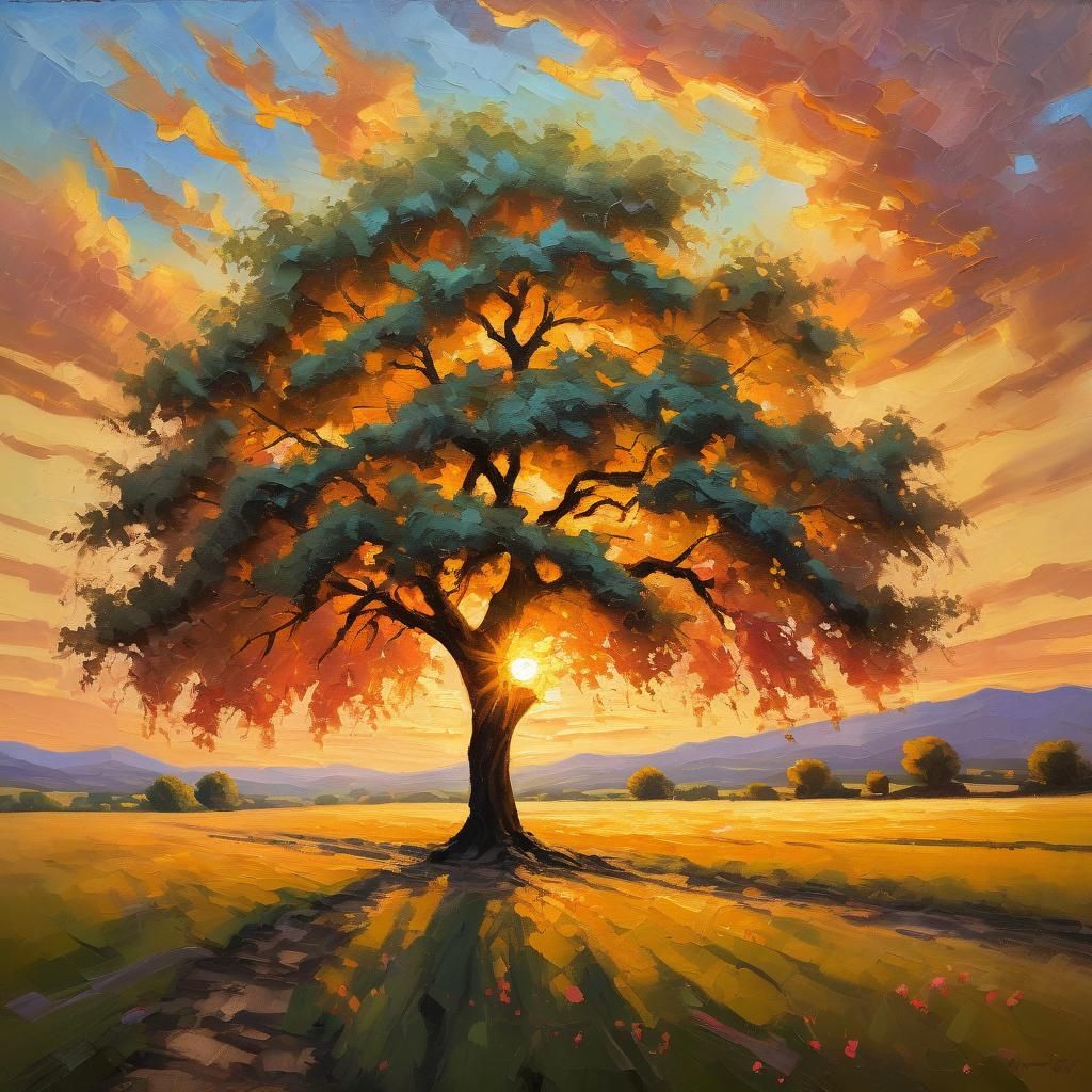 Impressionist Peach Tree Basking in Warm Sunset Light