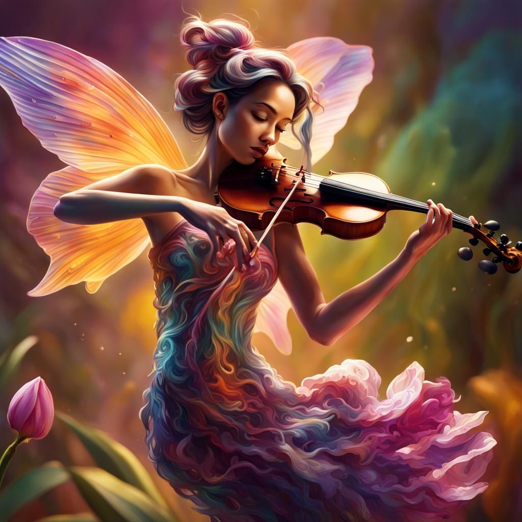 Fairy Violinist Over Exotic Orchid, Hyperrealistic Splash Ar...