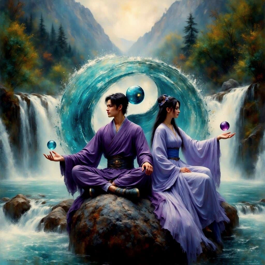 Cultivators Create Yin-Yang Symbol in Turquoise and Amethyst