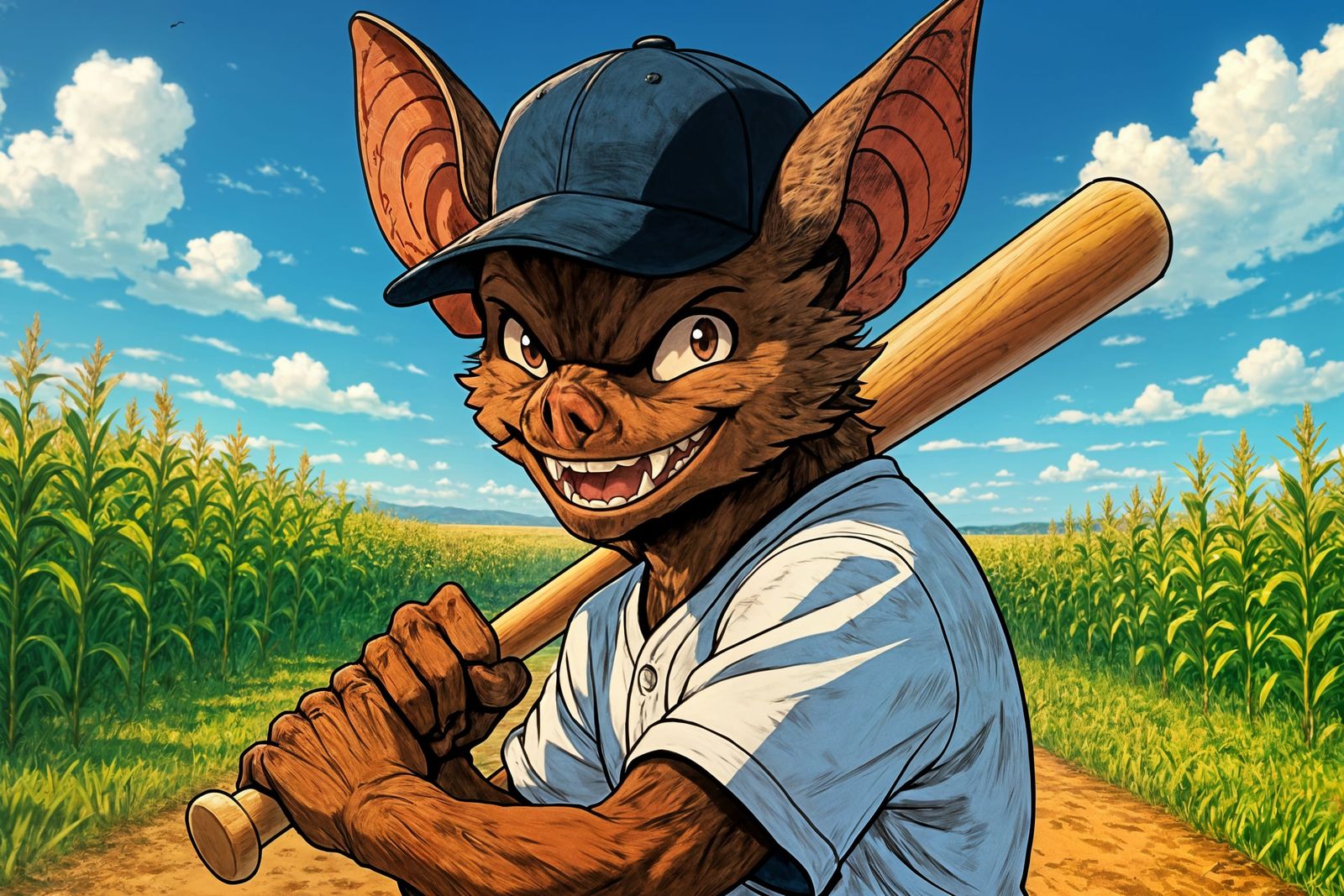 Anthropomorphic Bat Plays Baseball in Anime Style