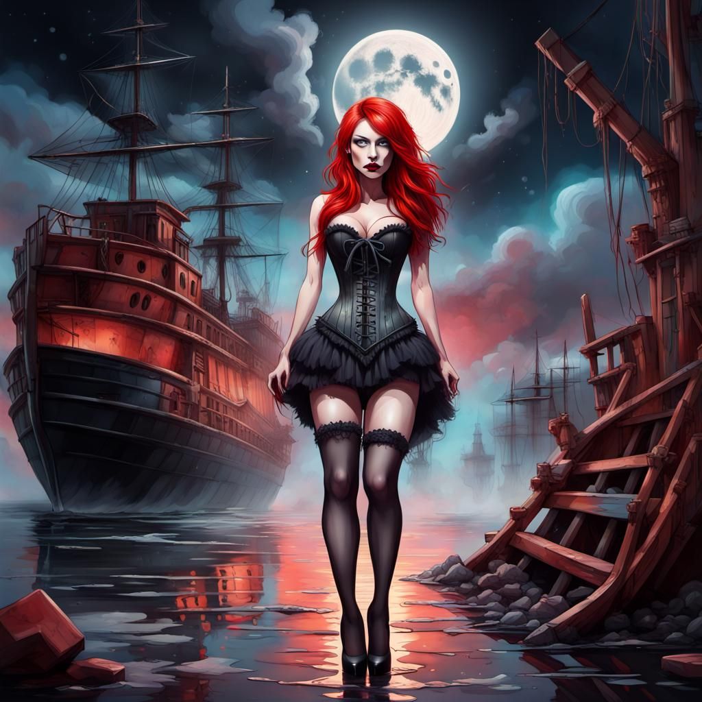 Red-Haired Woman on Ghost Ship in Graffiti Art