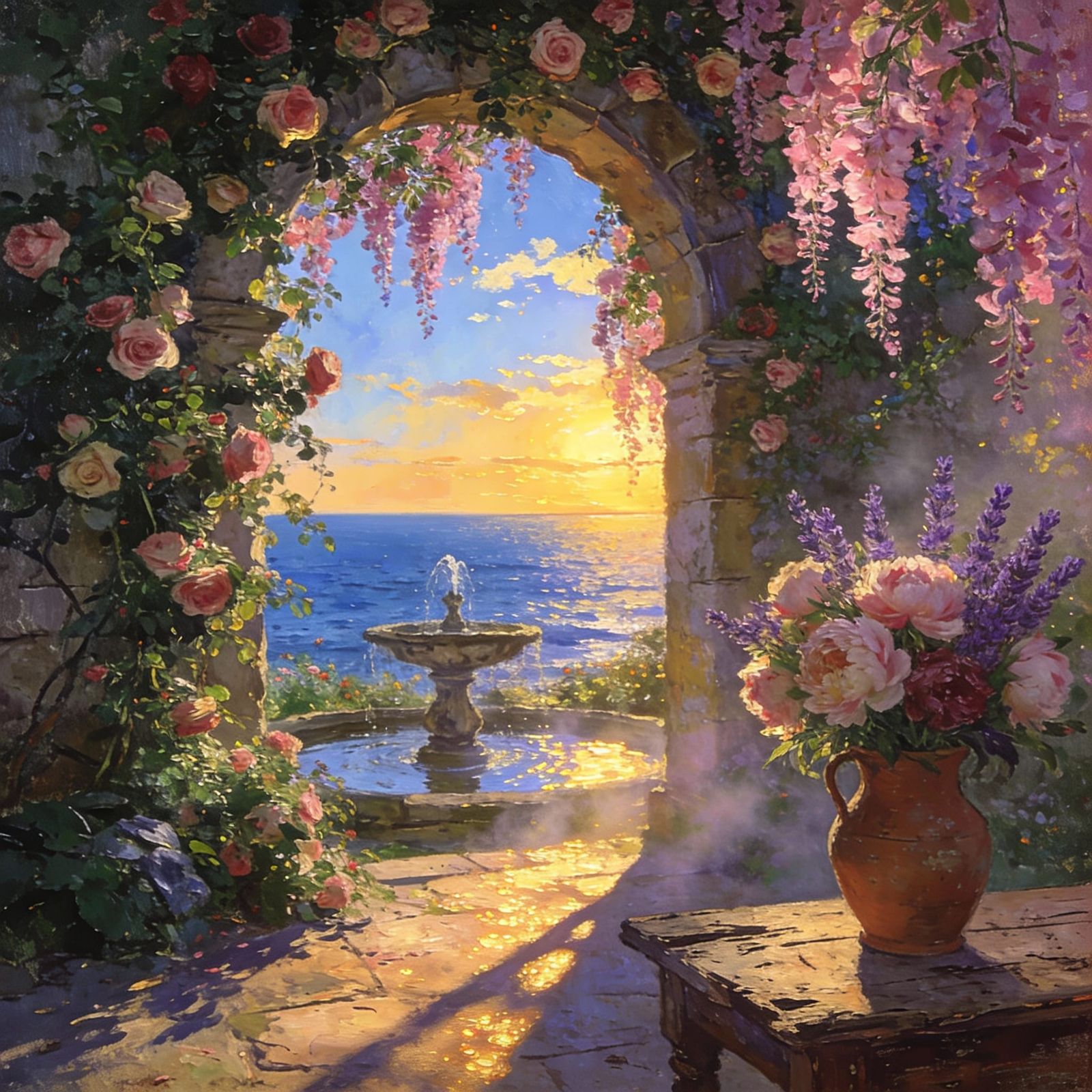 Dreamlike Garden Archway with Roses and Wisteria