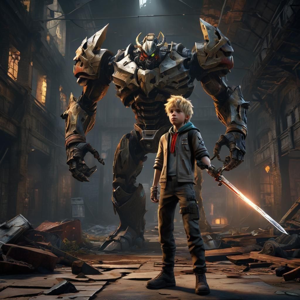 Boy Versus Gear Monster: 3D Game Cinematic Render