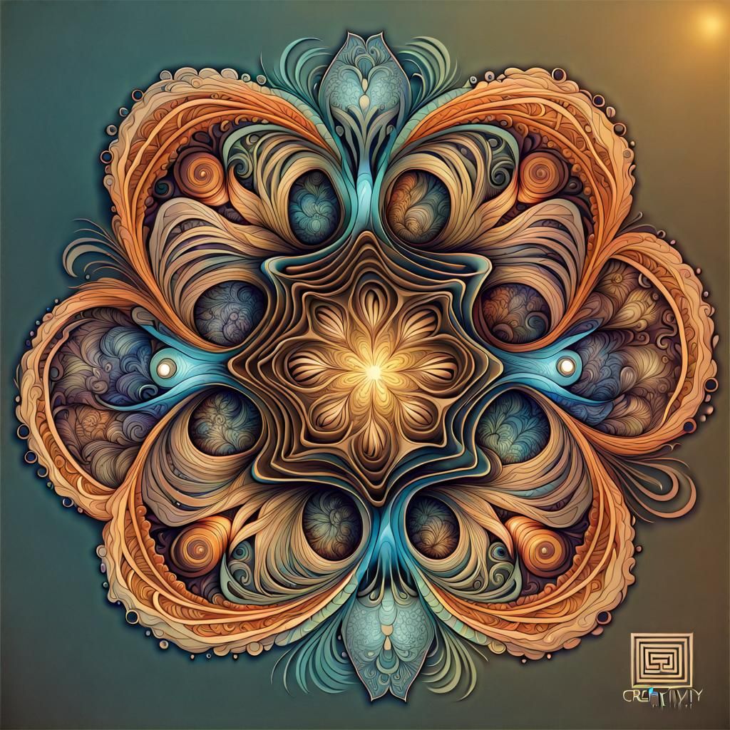 Bioluminescent Abstract Fractal Design with Zentangle Elemen...