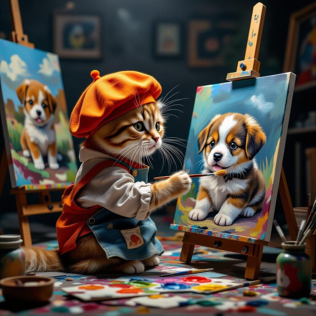 Artistic Cat Paints Puppy Portrait in Moody Studio