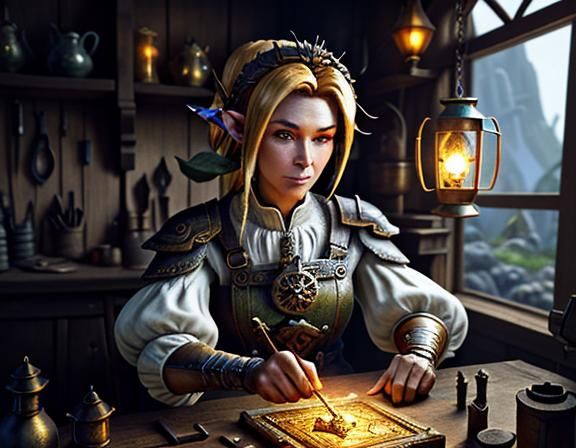 Gnome Repairs Automaton at Workbench: 3D Render