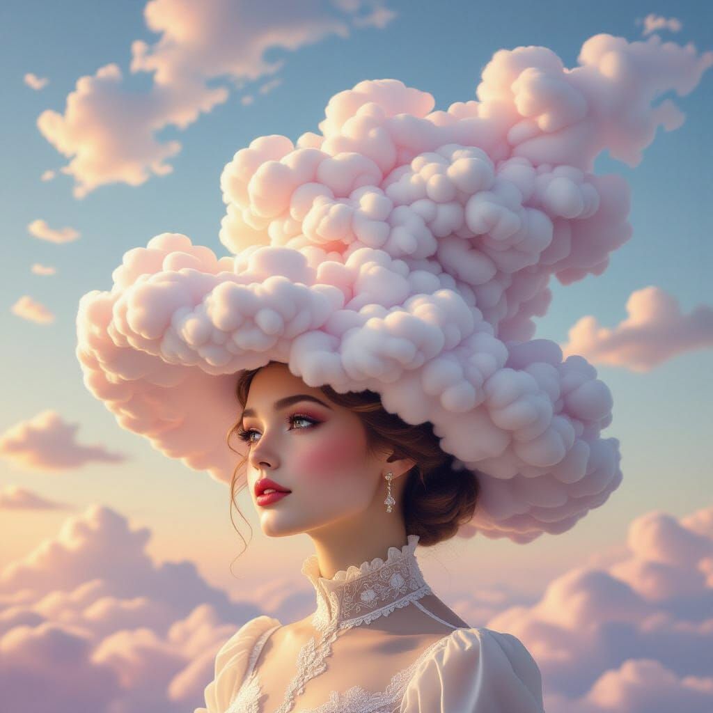 Whimsical Cloud Hat Person in Pastel Dreamscape
