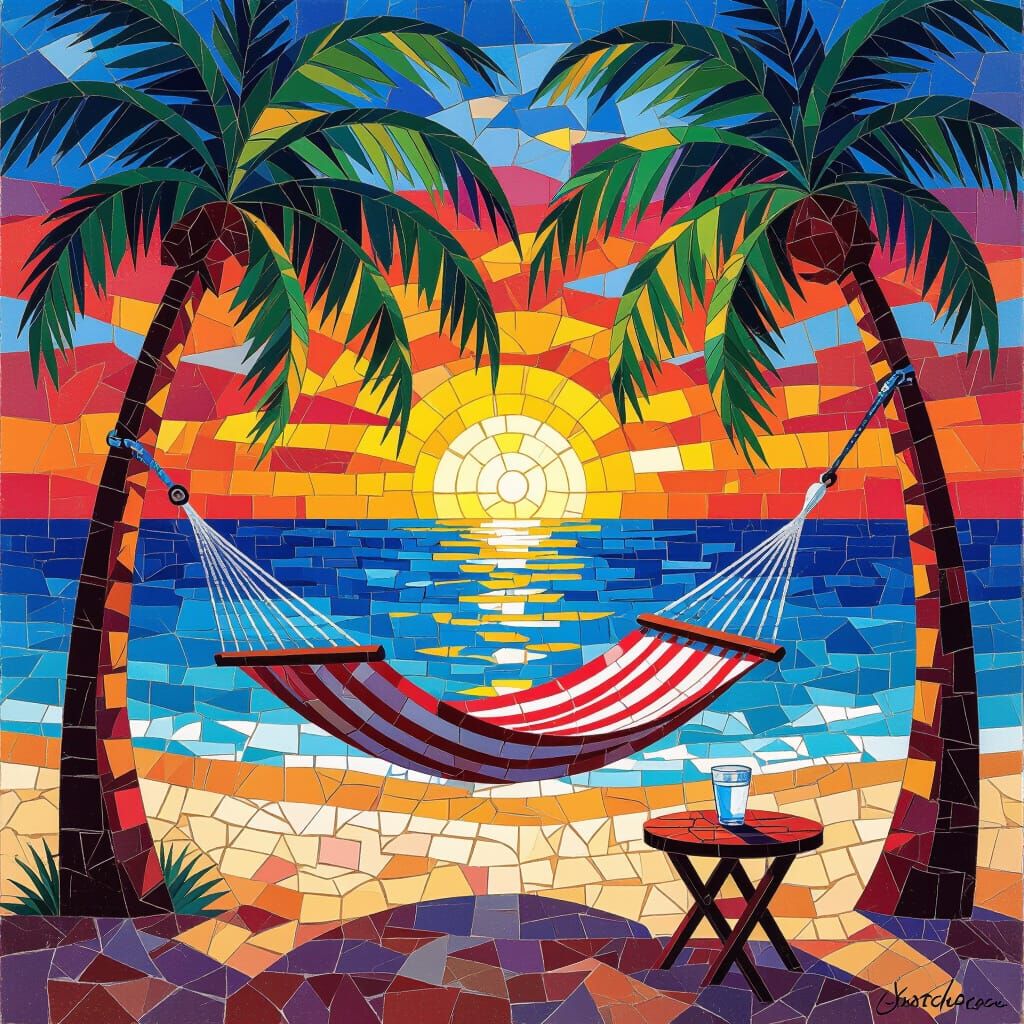 Vibrant Mosaic Hammock Scene at Sunset
