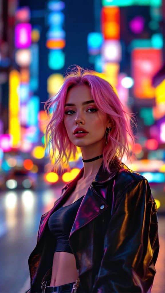 Pink-Haired Woman in Cyberpunk Neon Cityscape