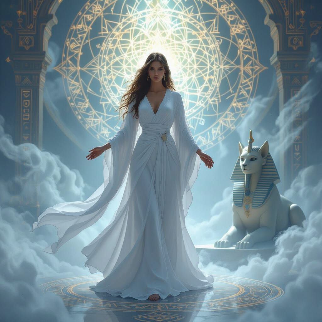 Ethereal Goddess with Sphinx in Dreamy Mist