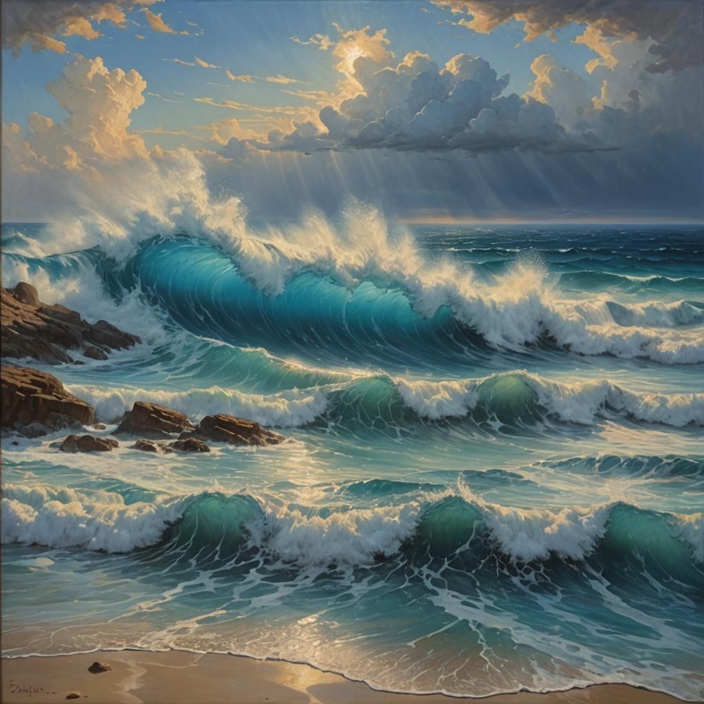 Blue Ocean Rapture as Oil Painting