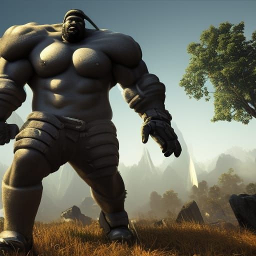 Giant Black Man in 3D Game Cinematic Style