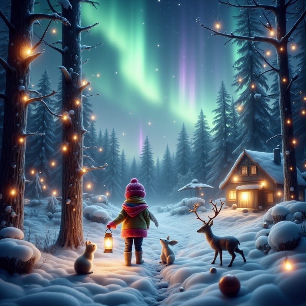 Whimsical Winter Wonderland Scene in Enchanted Forest