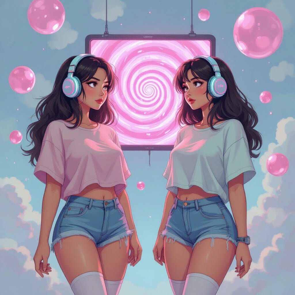 Curvy Girls Mesmerized by Screen, Digital Art Style