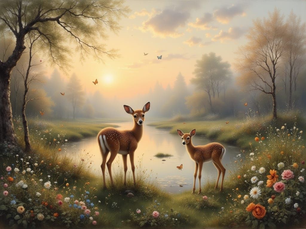 Doe and Fawn in Spring Meadow: Old Masters Style