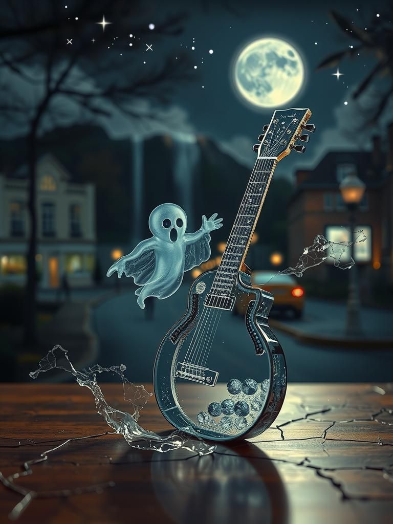 Surreal Ghost Guitar in Haunted City Landscape