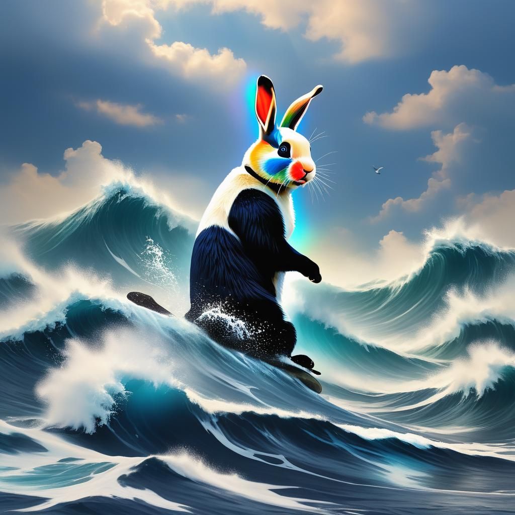 Surreal Surfing Bunny Double Exposure