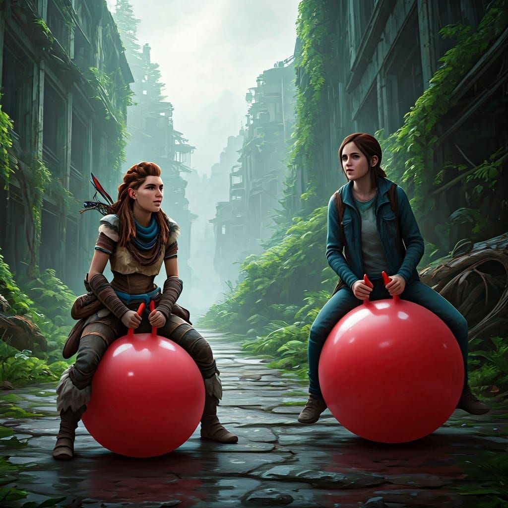 Aloy and Ellie Bouncing in Post-Apocalyptic Landscape