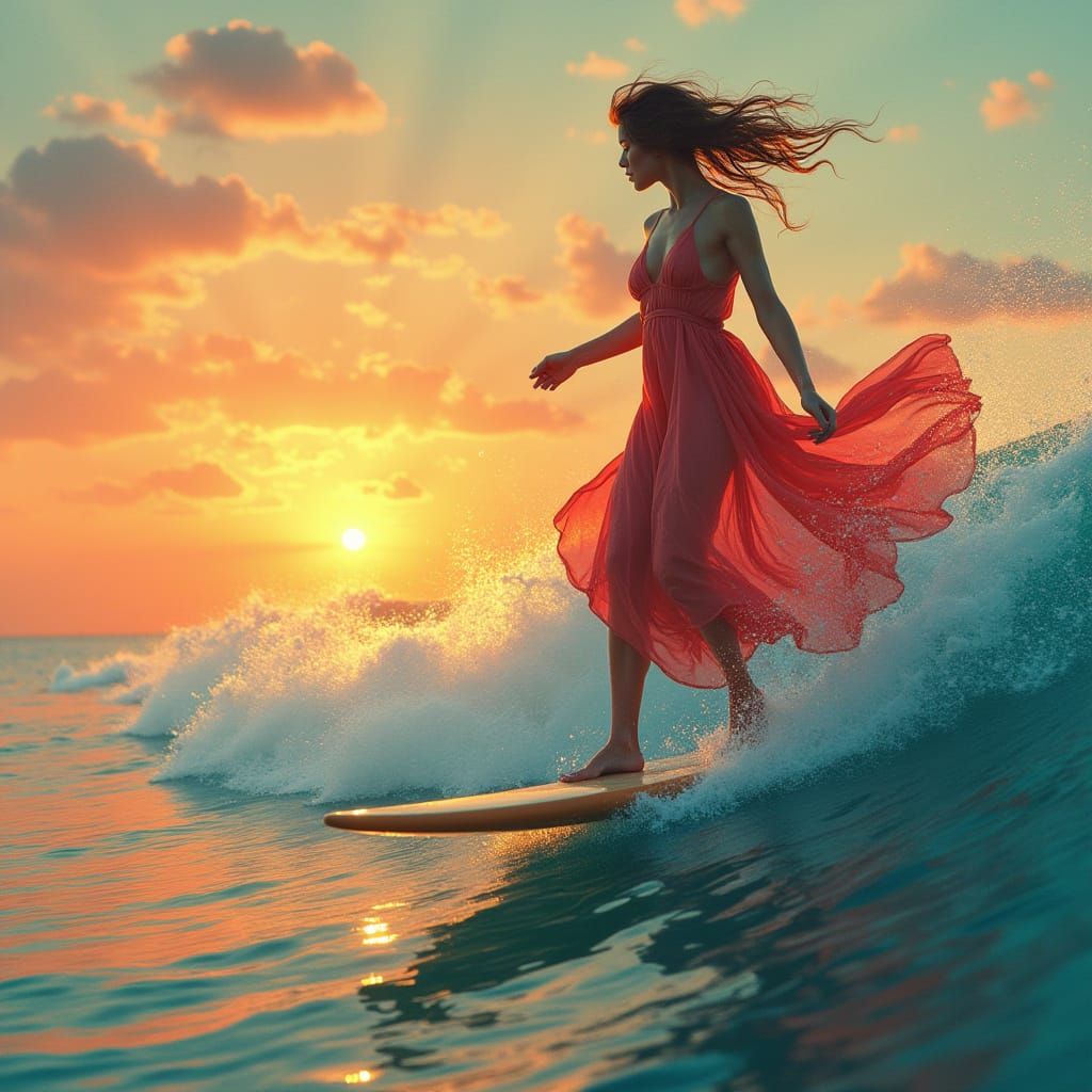 Woman Riding a Surfboard at Sunset in Vibrant Beach Landscap...