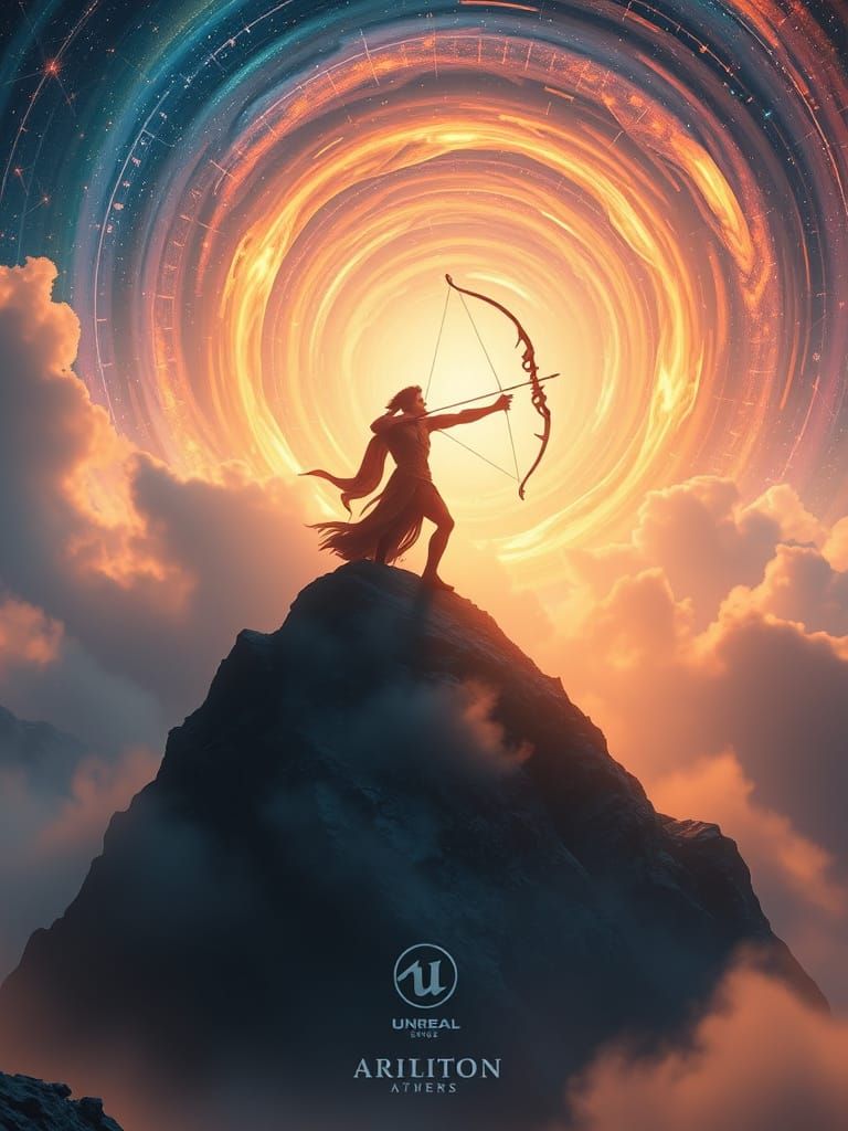 Sagittarius Archer Radiates Golden Light Amidst Swirling Iri...