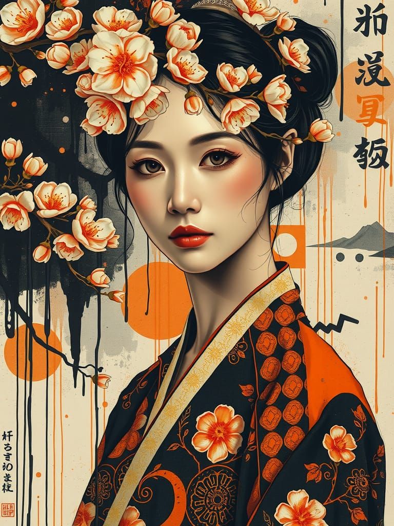 Serene Asian Woman in Korean Attire: A Punk Collage