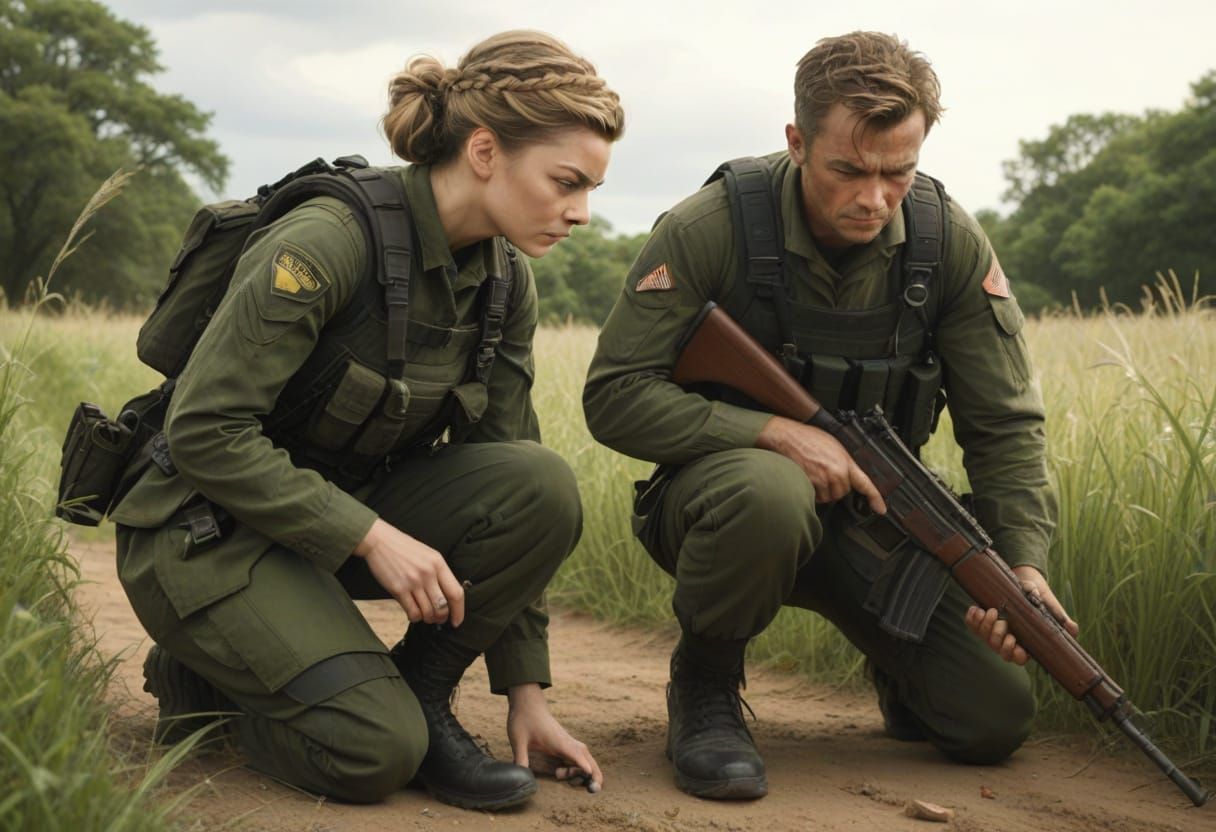 Military Operatives Examine Footprints in a Green Field