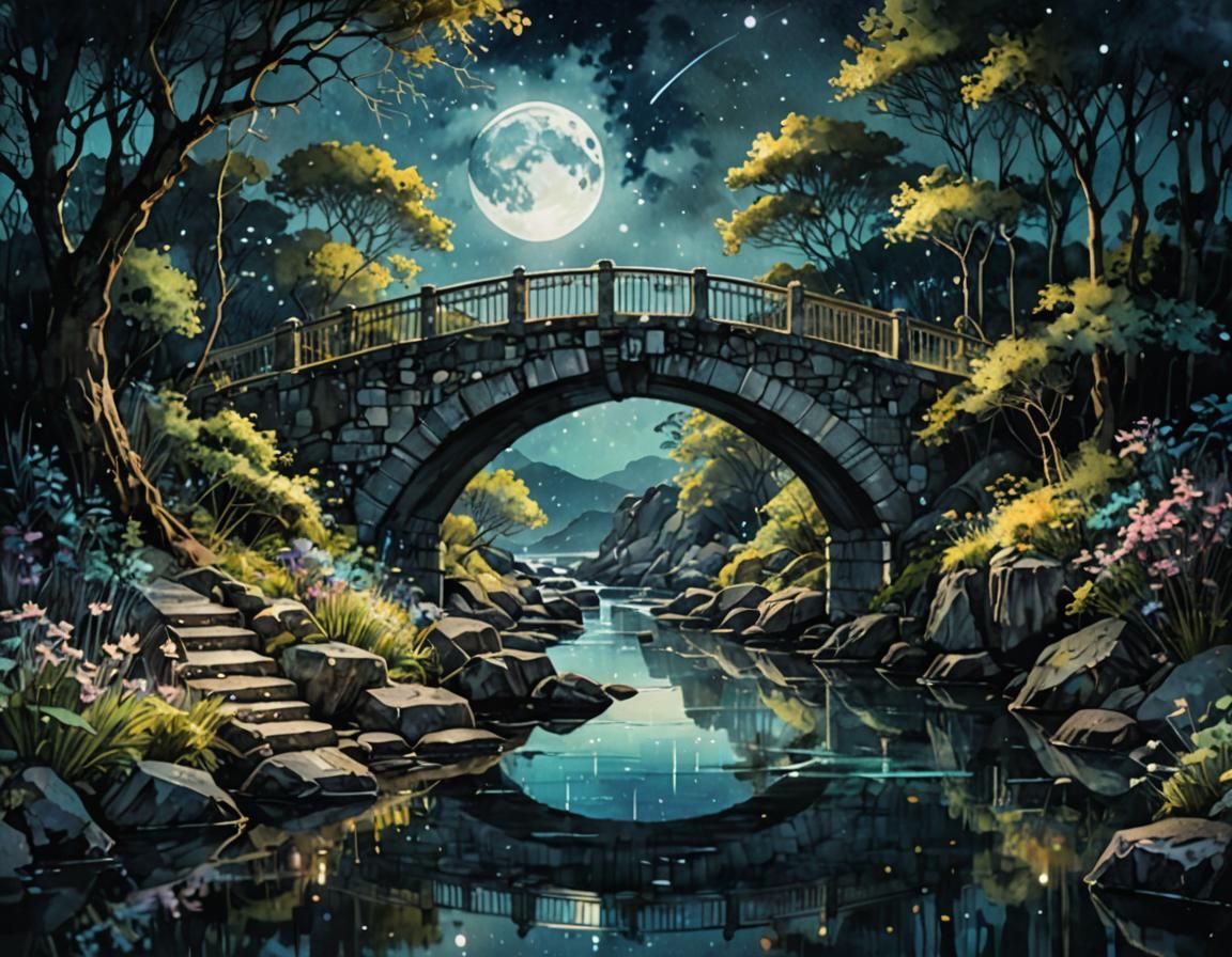 Moonlit Bridge in Digital Watercolor Style