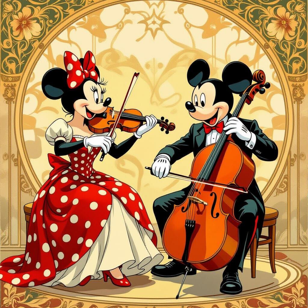 Minnie Plays Violin, Mickey Plays Cello in Art Deco Style