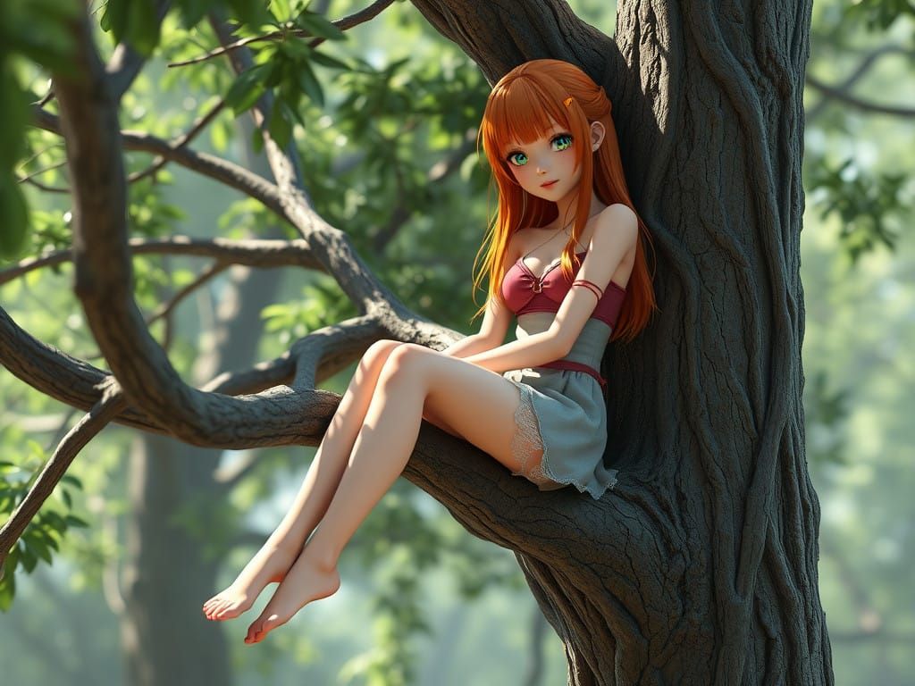 Anime-Inspired Woman Sits on Tree Branch in 8K Resolution