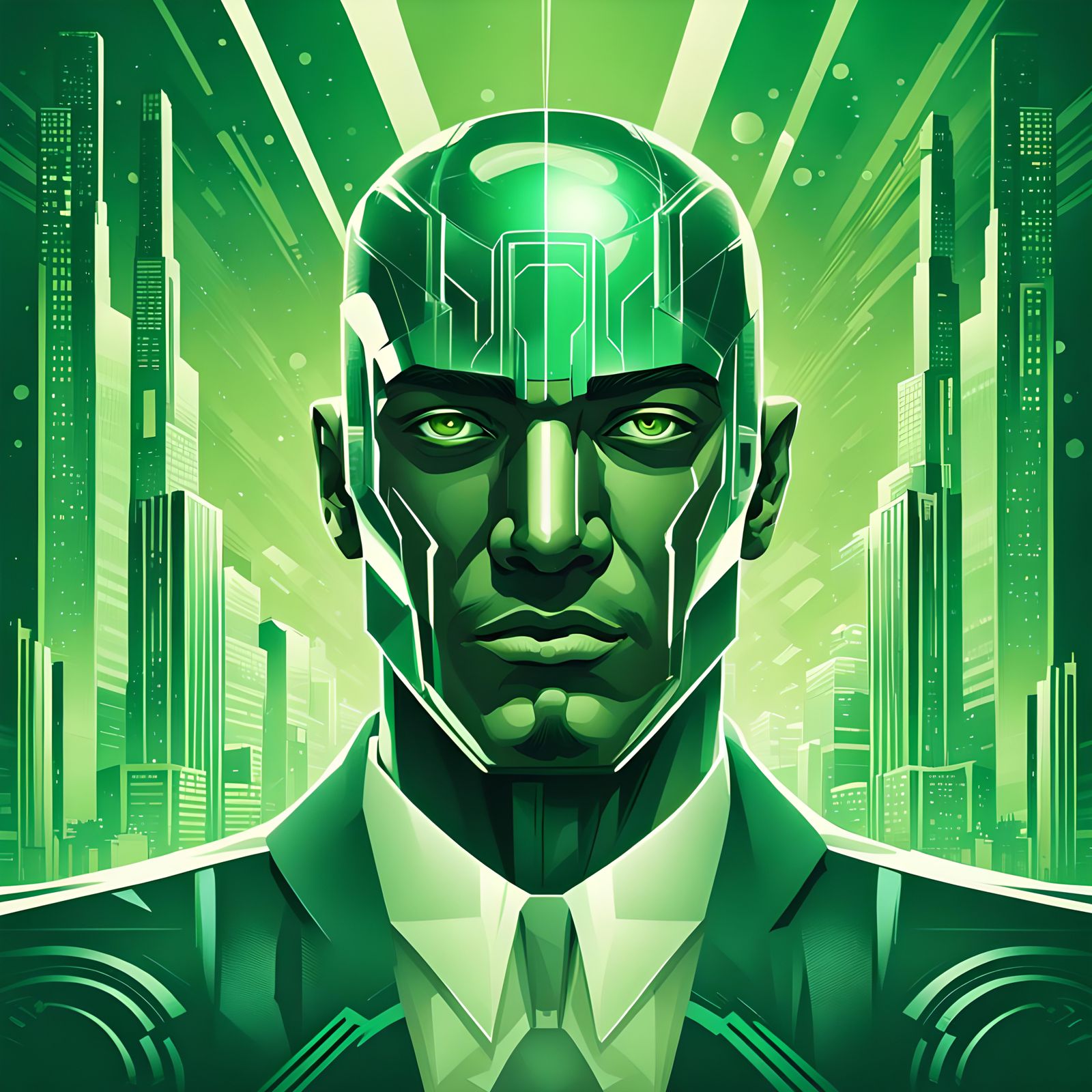 Art Deco Futuristic Man in Green Hues