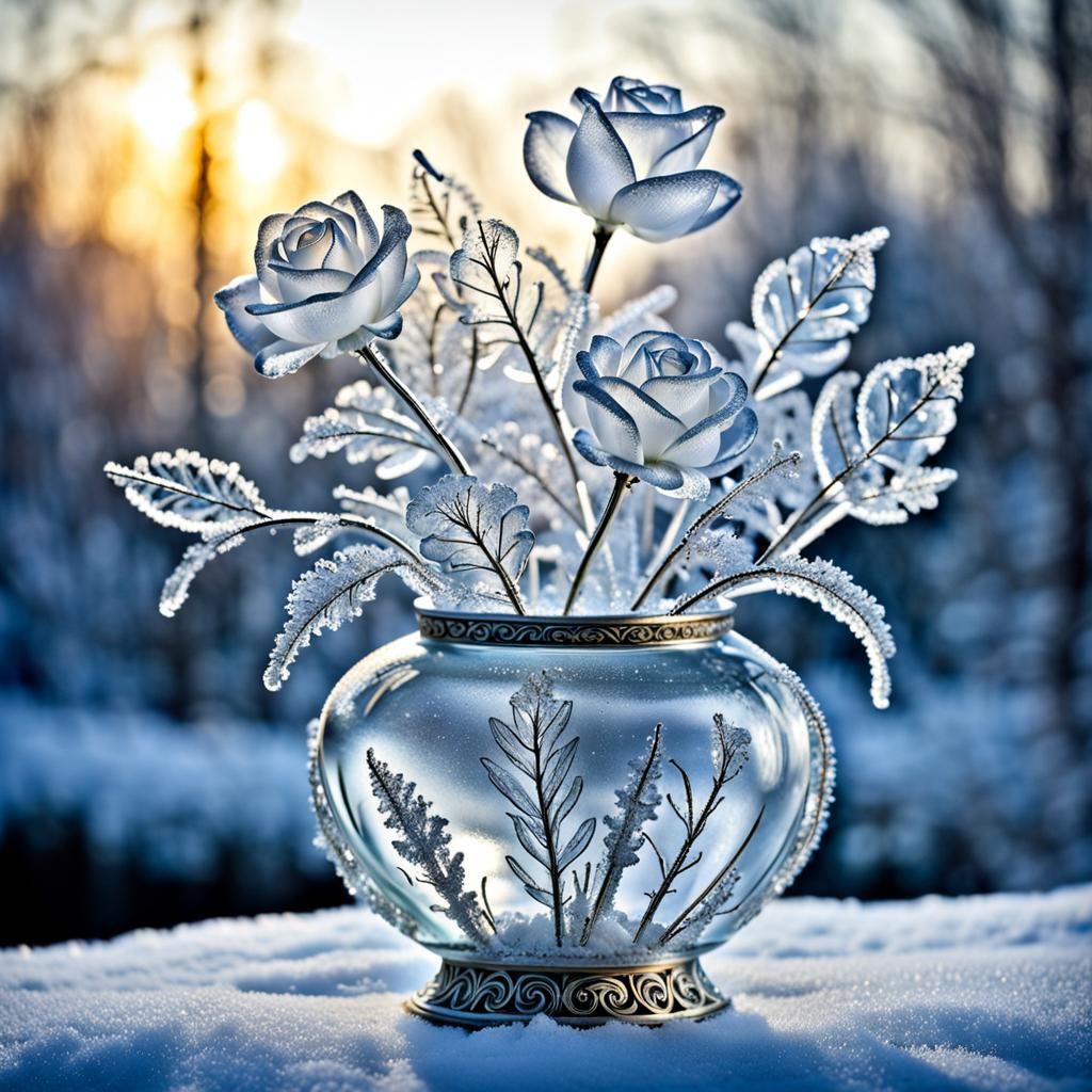 Intricate Crystal Ice Roses in Starry Atmosphere