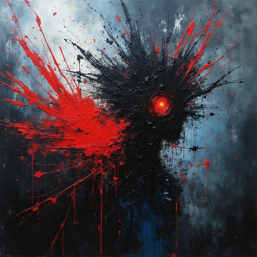 Dynamic Abstract Expressionism in Dark Blues and Reds