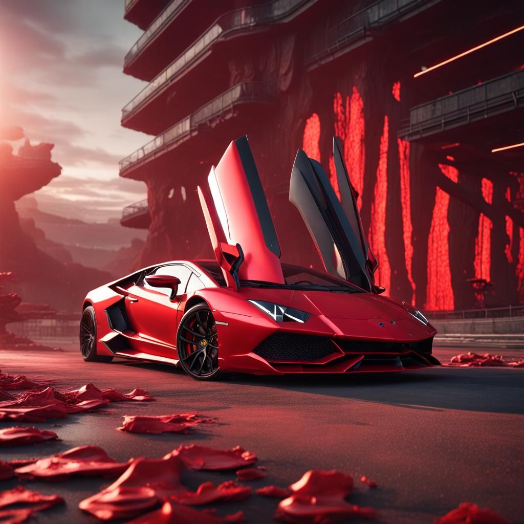 Detailed Red Lamborghini in Fantasy Matte Painting