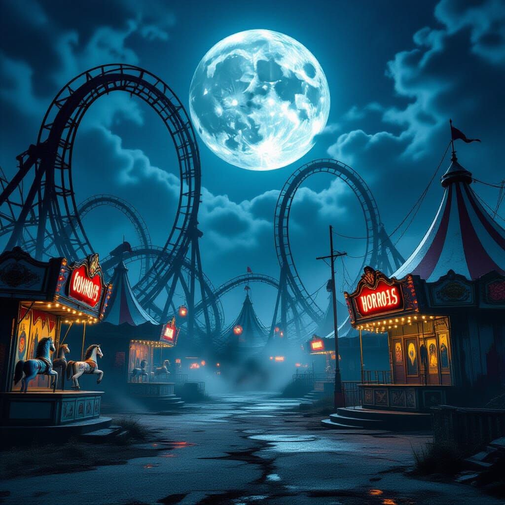 Abandoned Carnival Villain Lair Under Haunting Full Moon