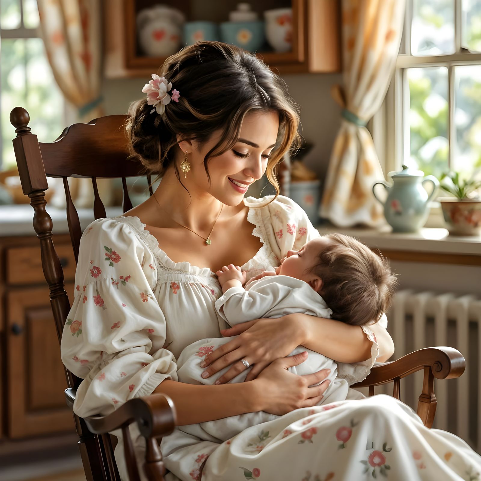 Mother's Love: Tender Moment in French Cottage Kitchen