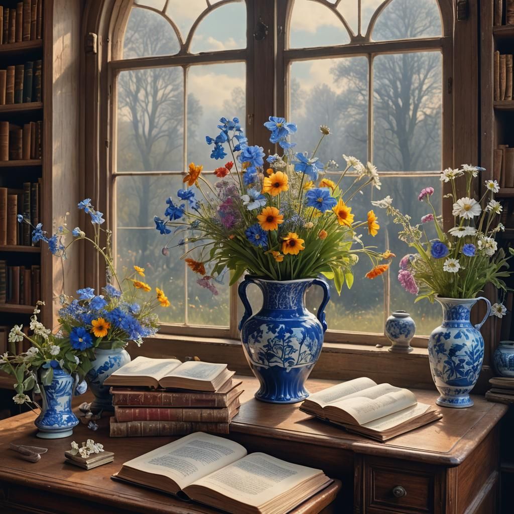 Antique Books and Delft Vase: Art Nouveau Digital Art