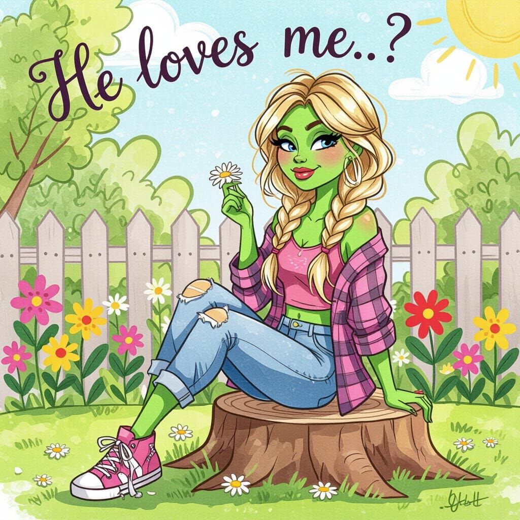 Whimsical Woman Grinch Cartoon Sketch in Watercolor Style