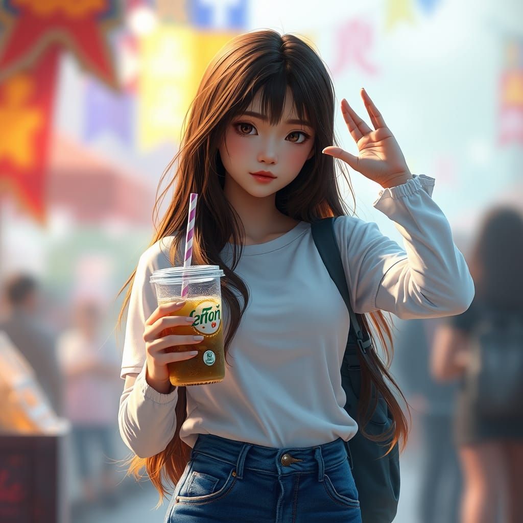 Young Girl with Drink: Detailed Matte Painting