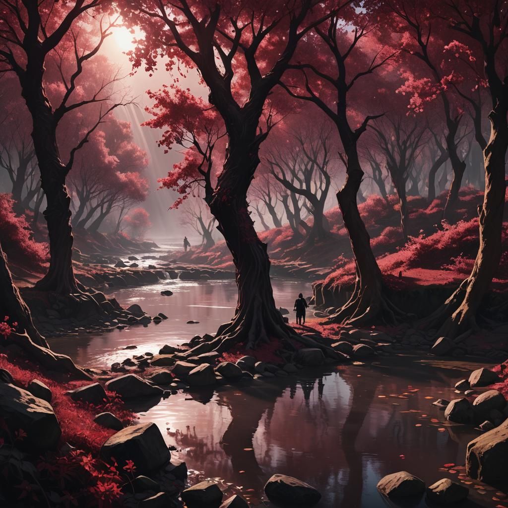 Shadowy Figures Roaming Near River in Digital Painting