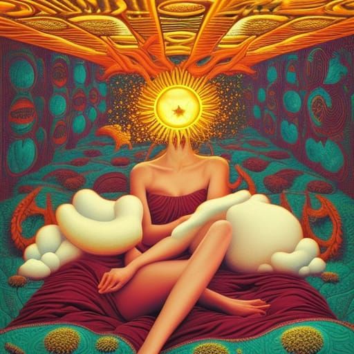 Surreal Sun and Moon Bed with Mushroom, Ornate Vogue Art
