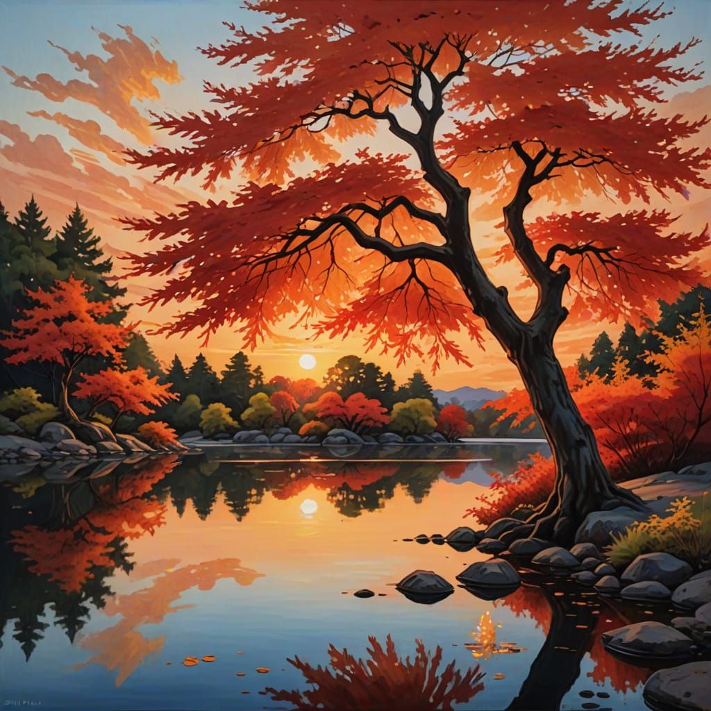 Japanese Maple Tree at Sunset in Oil Painting Style