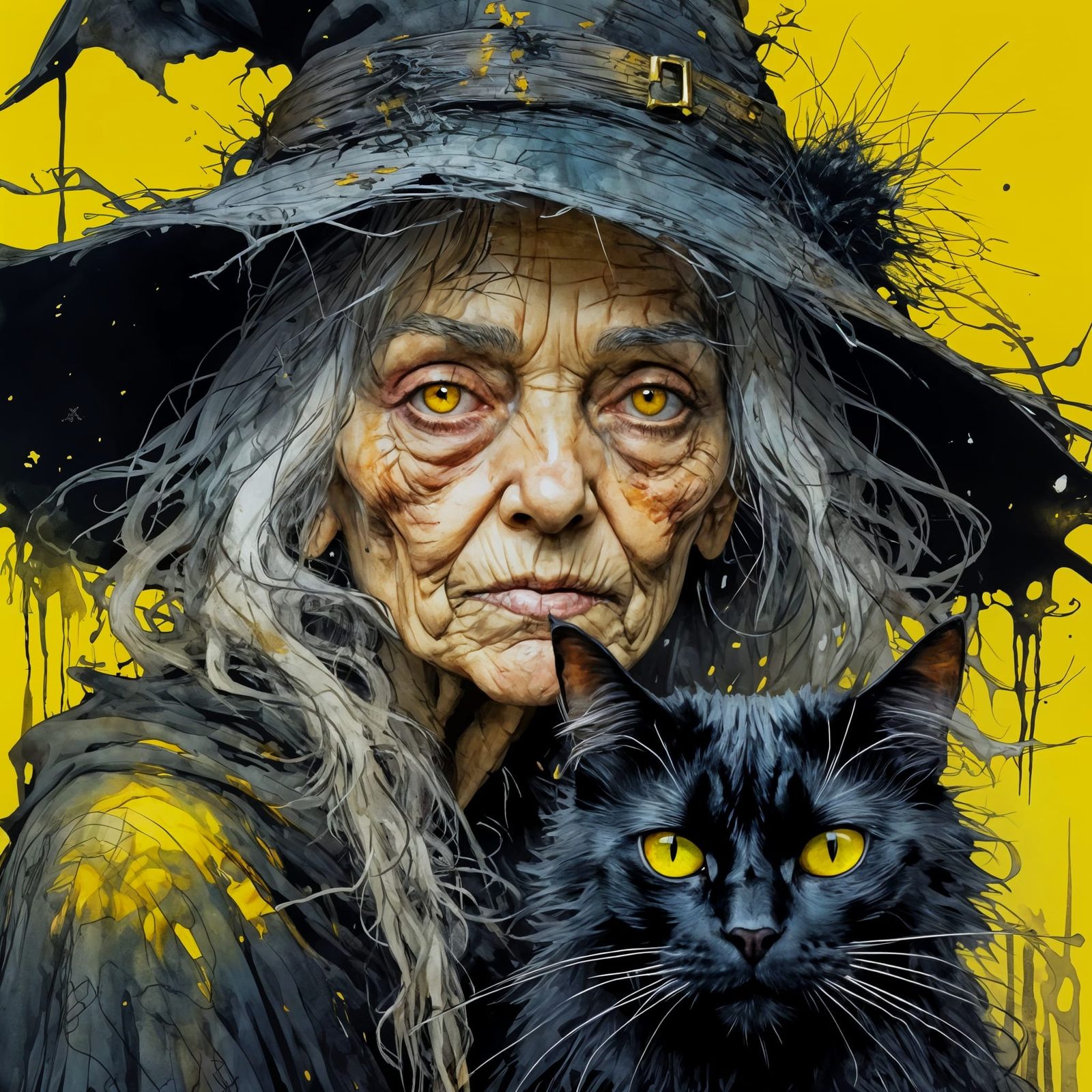 Scraggly Old Witch and Black Cat with Detailed Eyes