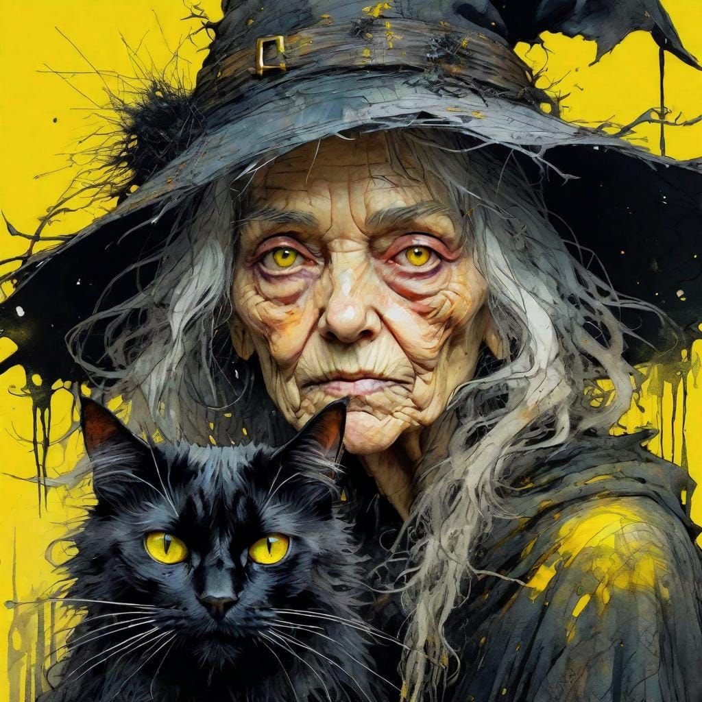 Old Witch and Black Cat Portrait with Haunted House