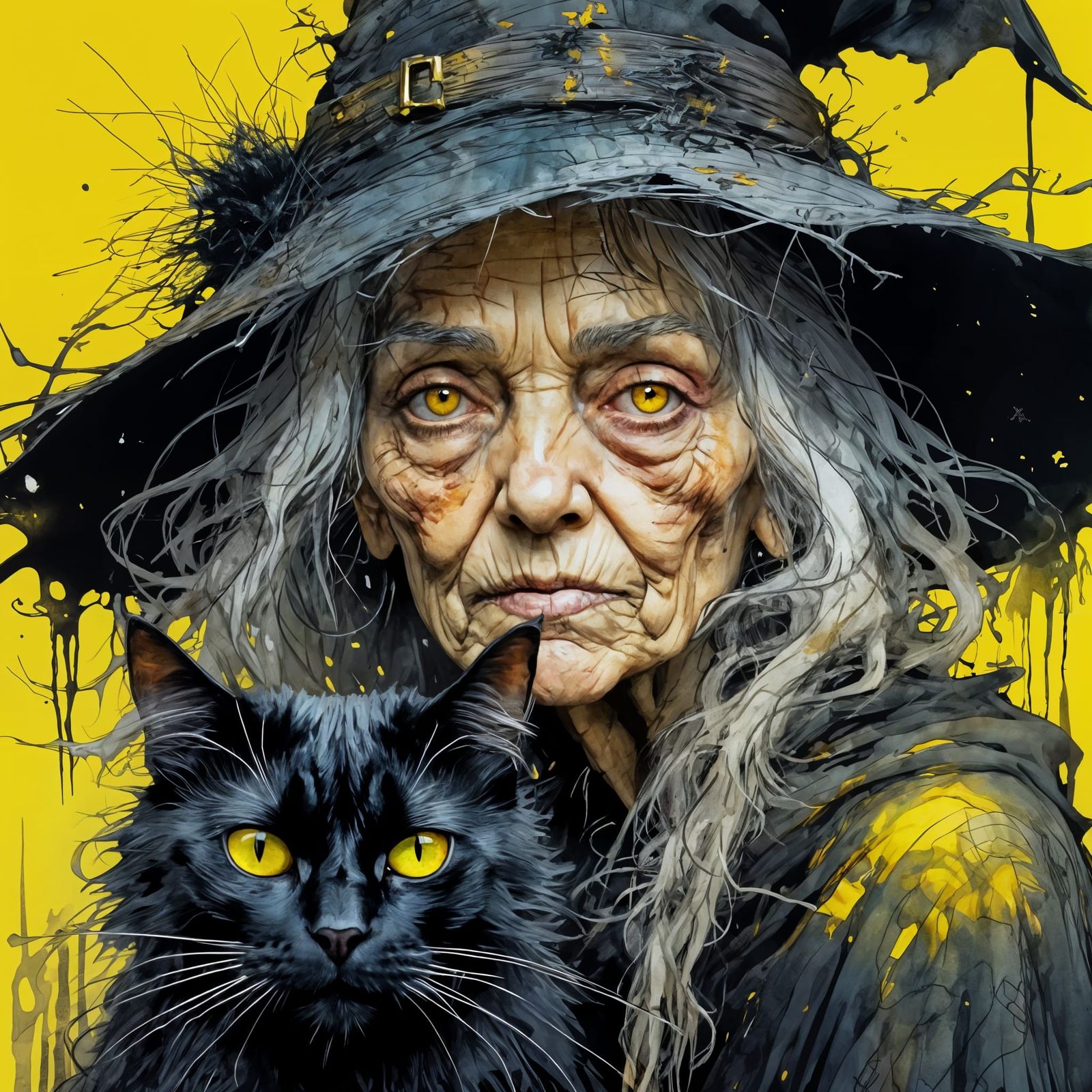 Friday the 13th ~ Scraggly Old Witch with Her Black Cat
